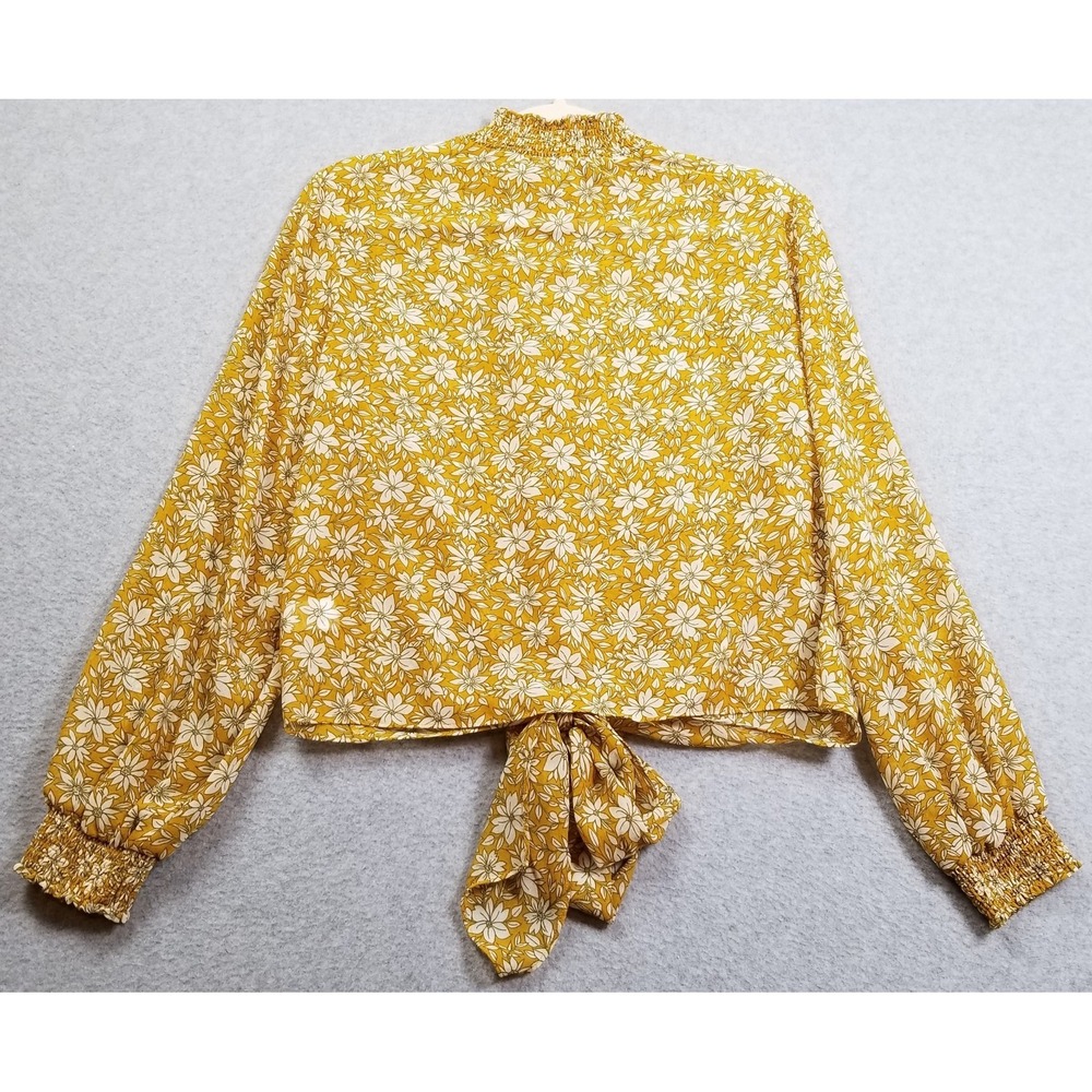 1.State Top Women's Medium Yellow Floral Long Sleeve Spring Summer Smocked Sheer - Picture 4 of 9